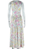 Multicolor Casual Floral Print Lace Up Belted V Neck Long Dresses