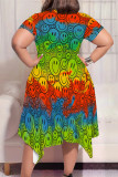 Black Casual Geometric Print Smiley Face Print Irregular Contrast O Neck Printed Plus Size Dresses