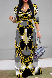 Dark Gray Casual Street Geometric Print Leopard Lace Up Contrast V Neck Printed Dresses