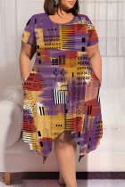 Purple Casual Geometric Print Smiley Face Print Irregular Contrast O Neck Printed Plus Size Dresses