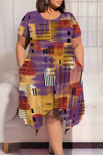 Purple Casual Geometric Print Smiley Face Print Irregular Contrast O Neck Printed Plus Size Dresses