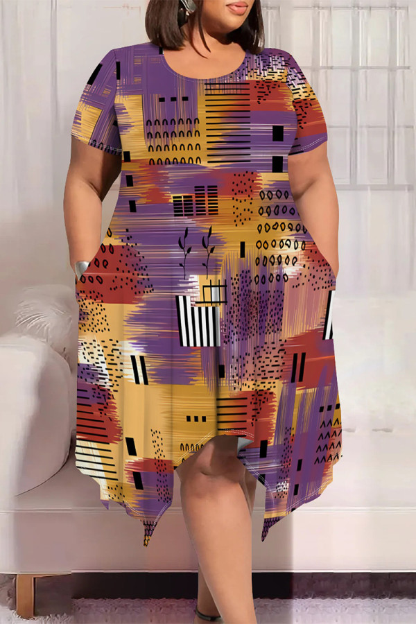 Purple Casual Geometric Print Smiley Face Print Irregular Contrast O Neck Printed Plus Size Dresses
