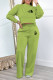Green Casual Street Letter Print Draw String Pocket O Neck Long Sleeve Two Pieces