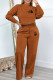 Brown Casual Street Letter Print Draw String Pocket O Neck Long Sleeve Two Pieces