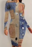 Baby Blue Casual Daily Faux Denim Print Contrast O Neck Printed Dresses