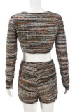 Green Sexy Stripe Patchwork Strap Design U Neck Long Sleeve Two Pieces