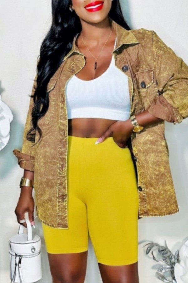 Yellow Casual Faux Denim Print Cardigan Turndown Collar Outerwear