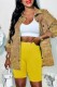 Yellow Casual Faux Denim Print Cardigan Turndown Collar Outerwear