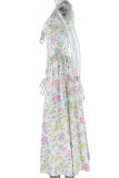 Multicolor Casual Floral Print Lace Up Belted V Neck Long Dresses