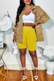 Yellow Casual Faux Denim Print Cardigan Turndown Collar Outerwear