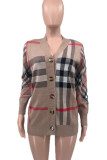 Khaki Casual Plaid Buckle Patchwork V Neck Outerwear