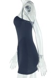 Black Sexy Solid Color Backless Spaghetti Strap Wrapped Skirt Dresses