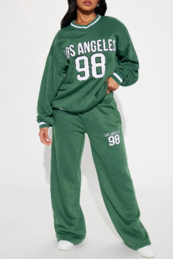 Green Casual Digital Patchwork V Neck Long Sleeve Two Pieces