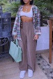 Multicolor Casual Plaid Cardigan Turndown Collar Outerwear