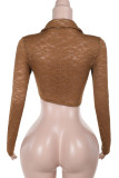 Brown Sexy Solid Color Lace Hollow Out Patchwork Cross Straps Asymmetrical Collar Tops
