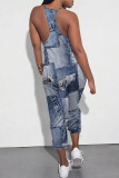 Blue Coffee Casual Street Faux Denim Print Pocket Contrast V Neck Jumpsuits