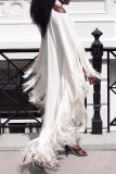 White Elegant Solid Color Fringed Trim Hollow Out Patchwork Halter Long Dresses