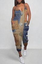 Multicolor Casual Street Faux Denim Print Pocket Contrast V Neck Jumpsuits