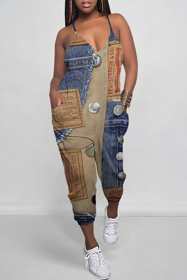 Multicolor Casual Street Faux Denim Print Pocket Contrast V Neck Jumpsuits