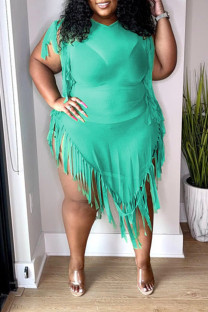 Green Sexy Solid Color Fringed Trim Patchwork See-Through V Neck Irregular Plus Size Dresses