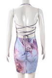 Multicolor Sexy Print Patchwork Backless Halter Wrapped Skirt Dresses