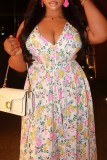 Multicolor Casual Floral Print Lace Up Belted V Neck Long Dresses