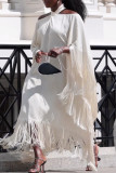 White Elegant Solid Color Fringed Trim Hollow Out Patchwork Halter Long Dresses