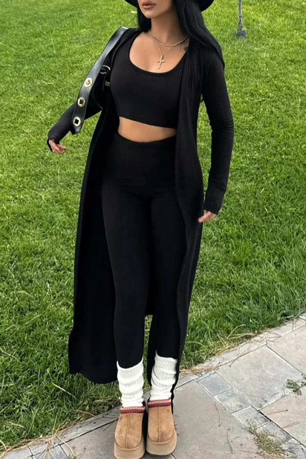 Black Casual Solid Color Patchwork U Neck Long Sleeve Three Pieces
