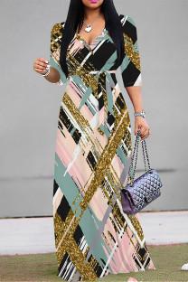 Multicolor Casual Street Geometric Print Leopard Lace Up Contrast V Neck Printed Dresses