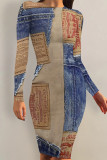 Baby Blue Casual Daily Faux Denim Print Contrast O Neck Printed Dresses