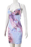 Multicolor Sexy Print Patchwork Backless Halter Wrapped Skirt Dresses