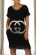 Black Casual Street Letter Print Stripe Pocket Contrast V Neck Printed Short Sleeve Dress