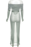 Light Green Sexy Solid Color Patchwork See-Through Backless Off Shoulder One Step Skirt Dresses