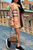 Khaki Casual Plaid Buckle Patchwork V Neck Outerwear