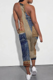 Blue Coffee Casual Street Faux Denim Print Pocket Contrast V Neck Jumpsuits