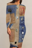 Baby Blue Casual Daily Faux Denim Print Contrast O Neck Printed Dresses