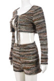Green Sexy Stripe Patchwork Strap Design U Neck Long Sleeve Two Pieces