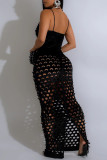 Black Sexy Solid Color Hollow Out Patchwork Backless Slit Zipper Spaghetti Strap Sling Dresses