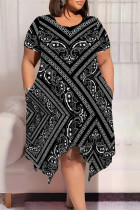 Black Casual Geometric Print Smiley Face Print Irregular Contrast O Neck Printed Plus Size Dresses