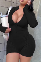 Black Sexy Solid Color Patchwork Zipper Zipper Collar Skinny Rompers