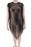 Black Sexy Solid Color Fringed Trim Patchwork See-Through V Neck Irregular Plus Size Dresses