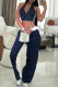 Blue Casual Patchwork Contrast Halter Sleeveless Two Pieces