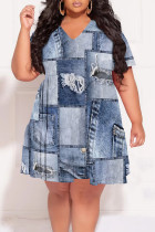 Baby Blue Casual Faux Denim Print Contrast V Neck Printed Plus Size Dresses