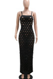 Black Sexy Solid Color Hollow Out Patchwork Backless Slit Zipper Spaghetti Strap Sling Dresses