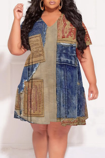 Blue Coffee Casual Faux Denim Print Contrast V Neck Printed Plus Size Dresses