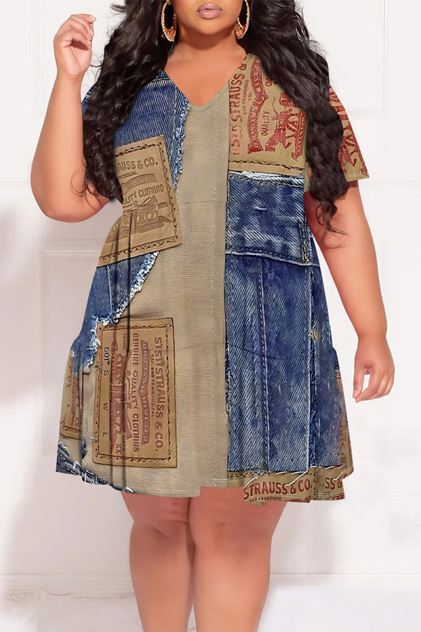 Blue Coffee Casual Faux Denim Print Contrast V Neck Printed Plus Size Dresses