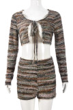 Green Sexy Stripe Patchwork Strap Design U Neck Long Sleeve Two Pieces