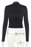 Black Casual Solid Color Patchwork O Neck Tops