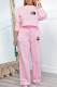 Pink Casual Street Letter Print Draw String Pocket O Neck Long Sleeve Two Pieces