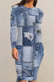 Baby Blue Casual Daily Faux Denim Print Contrast O Neck Printed Dresses